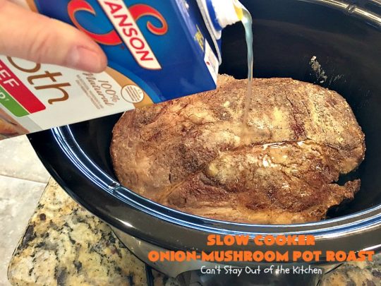 Slow Cooker Onion-Mushroom Pot Roast | Can't Stay Out of the Kitchen | this mouthwatering #potroast is so tender & succulent. It's also incredibly easy since it's made in the #crockpot. It's a terrific #holiday or company dinner entree for #Easter or #FathersDay. #beef #carrots #potatoes #glutenfree
