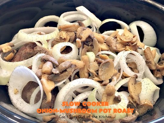 Slow Cooker Onion-Mushroom Pot Roast | Can't Stay Out of the Kitchen | this mouthwatering #potroast is so tender & succulent. It's also incredibly easy since it's made in the #crockpot. It's a terrific #holiday or company dinner entree for #Easter or #FathersDay. #beef #carrots #potatoes #glutenfree