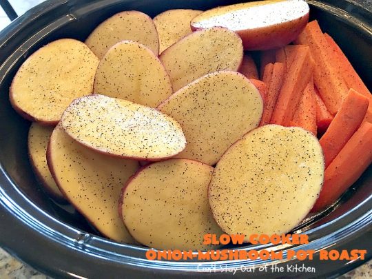 Slow Cooker Onion-Mushroom Pot Roast | Can't Stay Out of the Kitchen | this mouthwatering #potroast is so tender & succulent. It's also incredibly easy since it's made in the #crockpot. It's a terrific #holiday or company dinner entree for #Easter or #FathersDay. #beef #carrots #potatoes #glutenfree