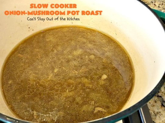 Slow Cooker Onion-Mushroom Pot Roast | Can't Stay Out of the Kitchen | this mouthwatering #potroast is so tender & succulent. It's also incredibly easy since it's made in the #crockpot. It's a terrific #holiday or company dinner entree for #Easter or #FathersDay. #beef #carrots #potatoes #glutenfree