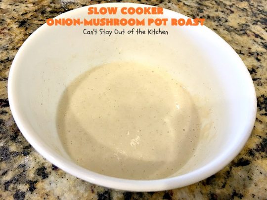Slow Cooker Onion-Mushroom Pot Roast | Can't Stay Out of the Kitchen | this mouthwatering #potroast is so tender & succulent. It's also incredibly easy since it's made in the #crockpot. It's a terrific #holiday or company dinner entree for #Easter or #FathersDay. #beef #carrots #potatoes #glutenfree
