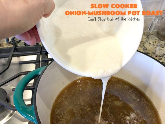 Slow Cooker Onion-Mushroom Pot Roast | Can't Stay Out of the Kitchen | this mouthwatering #potroast is so tender & succulent. It's also incredibly easy since it's made in the #crockpot. It's a terrific #holiday or company dinner entree for #Easter or #FathersDay. #beef #carrots #potatoes #glutenfree