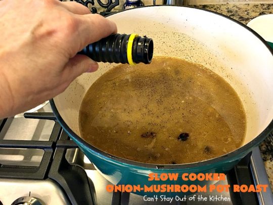 Slow Cooker Onion-Mushroom Pot Roast | Can't Stay Out of the Kitchen | this mouthwatering #potroast is so tender & succulent. It's also incredibly easy since it's made in the #crockpot. It's a terrific #holiday or company dinner entree for #Easter or #FathersDay. #beef #carrots #potatoes #glutenfree
