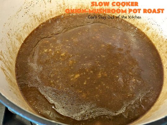 Slow Cooker Onion-Mushroom Pot Roast | Can't Stay Out of the Kitchen | this mouthwatering #potroast is so tender & succulent. It's also incredibly easy since it's made in the #crockpot. It's a terrific #holiday or company dinner entree for #Easter or #FathersDay. #beef #carrots #potatoes #glutenfree