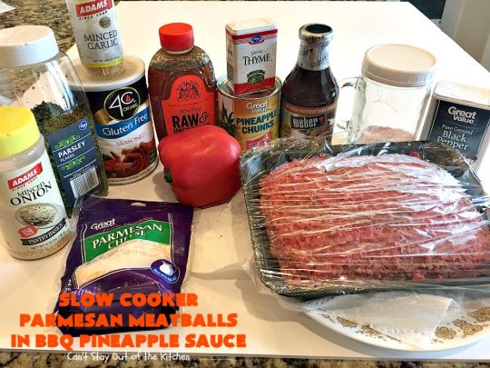 Slow Cooker Parmesan Meatballs in BBQ Pineapple Sauce | Can't Stay Out of the Kitchen | these fantastic #meatballs are #glutenfree and made with #parmesan cheese. The sauce includes #BBQ sauce, #pineapple & red bell pepper. It takes 15 minutes to prepare & 2 hours in the #crockpot. #beef