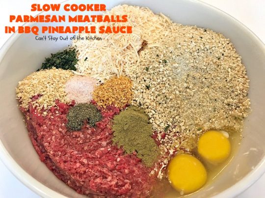 Slow Cooker Parmesan Meatballs in BBQ Pineapple Sauce | Can't Stay Out of the Kitchen | these fantastic #meatballs are #glutenfree and made with #parmesan cheese. The sauce includes #BBQ sauce, #pineapple & red bell pepper. It takes 15 minutes to prepare & 2 hours in the #crockpot. #beef