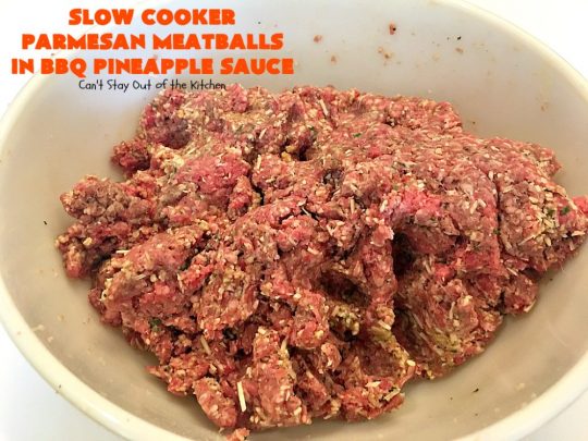 Slow Cooker Parmesan Meatballs in BBQ Pineapple Sauce | Can't Stay Out of the Kitchen | these fantastic #meatballs are #glutenfree and made with #parmesan cheese. The sauce includes #BBQ sauce, #pineapple & red bell pepper. It takes 15 minutes to prepare & 2 hours in the #crockpot. #beef
