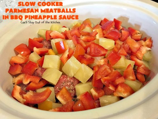 Slow Cooker Parmesan Meatballs in BBQ Pineapple Sauce | Can't Stay Out of the Kitchen | these fantastic #meatballs are #glutenfree and made with #parmesan cheese. The sauce includes #BBQ sauce, #pineapple & red bell pepper. It takes 15 minutes to prepare & 2 hours in the #crockpot. #beef