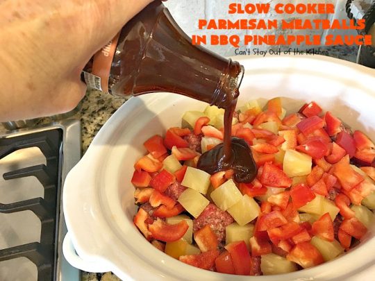 Slow Cooker Parmesan Meatballs in BBQ Pineapple Sauce | Can't Stay Out of the Kitchen | these fantastic #meatballs are #glutenfree and made with #parmesan cheese. The sauce includes #BBQ sauce, #pineapple & red bell pepper. It takes 15 minutes to prepare & 2 hours in the #crockpot. #beef