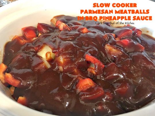 Slow Cooker Parmesan Meatballs in BBQ Pineapple Sauce | Can't Stay Out of the Kitchen | these fantastic #meatballs are #glutenfree and made with #parmesan cheese. The sauce includes #BBQ sauce, #pineapple & red bell pepper. It takes 15 minutes to prepare & 2 hours in the #crockpot. #beef