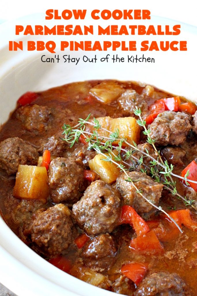 Slow Cooker Parmesan Meatballs in BBQ Pineapple Sauce | Can't Stay Out of the Kitchen | these fantastic #meatballs are #glutenfree and made with #parmesan cheese. The sauce includes #BBQ sauce, #pineapple & red bell pepper. It takes 15 minutes to prepare & 2 hours in the #crockpot. #beef