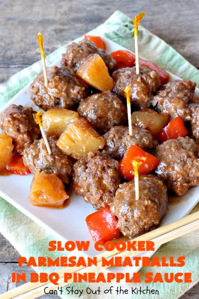 Slow Cooker Parmesan Meatballs in BBQ Pineapple Sauce | Can't Stay Out of the Kitchen | these fantastic #meatballs are #glutenfree and made with #parmesan cheese. The sauce includes #BBQ sauce, #pineapple & red bell pepper. It takes 15 minutes to prepare & 2 hours in the #crockpot. #beef