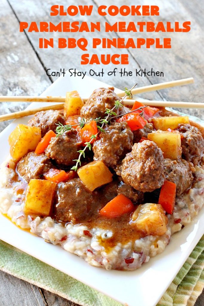 Slow Cooker Parmesan Meatballs in BBQ Pineapple Sauce | Can't Stay Out of the Kitchen | these fantastic #meatballs are #glutenfree and made with #parmesan cheese. The sauce includes #BBQ sauce, #pineapple & red bell pepper. It takes 15 minutes to prepare & 2 hours in the #crockpot. #beef