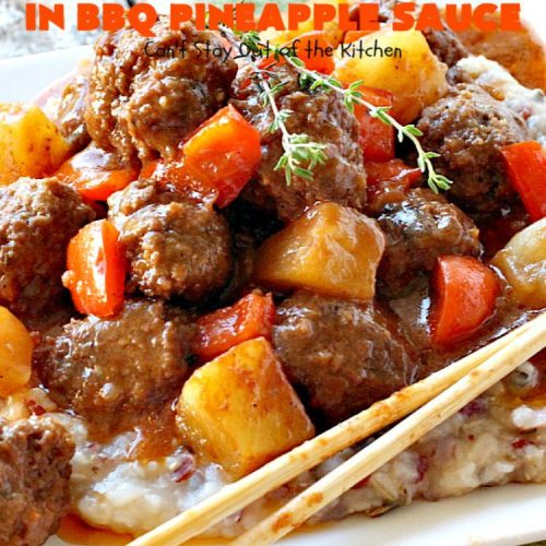 Slow Cooker Parmesan Meatballs in BBQ Pineapple Sauce | Can't Stay Out of the Kitchen | these fantastic #meatballs are #glutenfree and made with #parmesan cheese. The sauce includes #BBQ sauce, #pineapple & red bell pepper. It takes 15 minutes to prepare & 2 hours in the #crockpot. #beef
