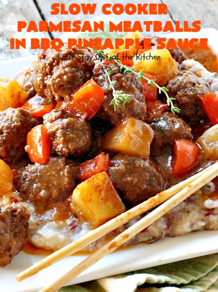 Slow Cooker Parmesan Meatballs in BBQ Pineapple Sauce | Can't Stay Out of the Kitchen | these fantastic #meatballs are #glutenfree and made with #parmesan cheese. The sauce includes #BBQ sauce, #pineapple & red bell pepper. It takes 15 minutes to prepare & 2 hours in the #crockpot. #beef