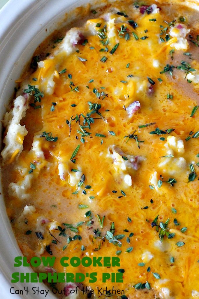 Slow Cooker Shepherd's Pie | Can't Stay Out of the Kitchen | this awesome #ShepherdsPie #recipe will have you licking your chops from the first bite! It's irresistible comfort food & easier to make since it's made in the #SlowCooker. Wonderful for company or family dinners. #beef #cheese #peas #corn #carrots #RedPotatoes #crockpot #SlowCookerShepherdsPie #BestShepherdsPie #FavoriteShepherdsPie