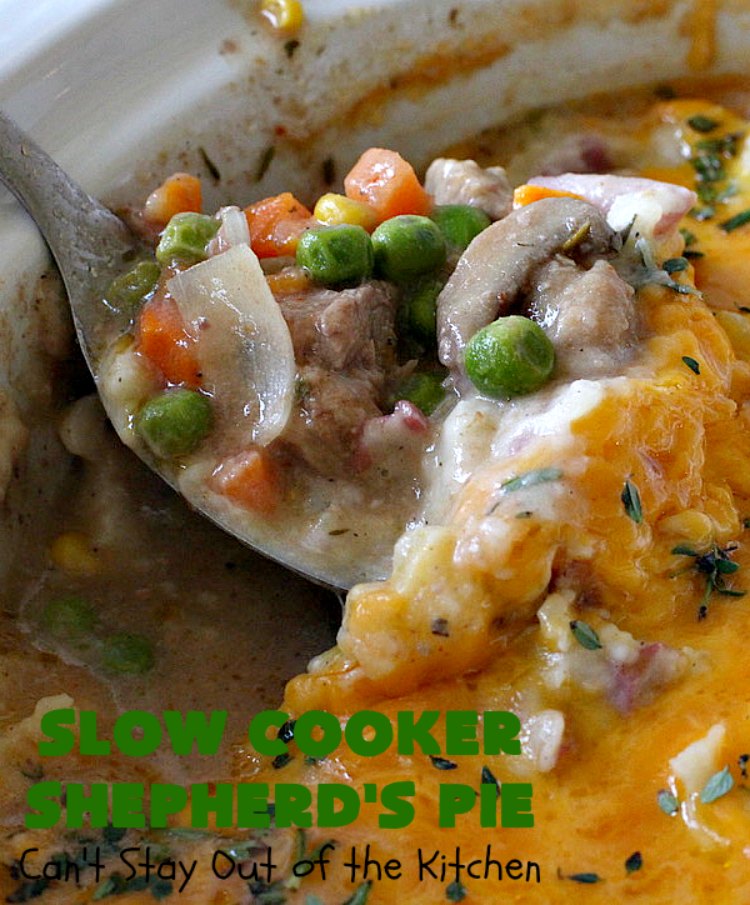 Slow Cooker Shepherd's Pie | Can't Stay Out of the Kitchen | this awesome #ShepherdsPie #recipe will have you licking your chops from the first bite! It's irresistible comfort food & easier to make since it's made in the #SlowCooker. Wonderful for company or family dinners. #beef #cheese #peas #corn #carrots #RedPotatoes #crockpot #SlowCookerShepherdsPie #BestShepherdsPie #FavoriteShepherdsPie