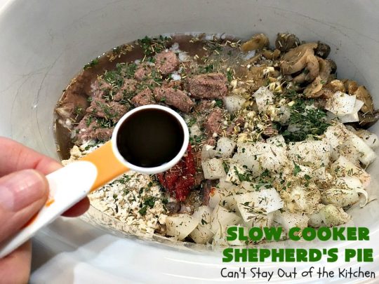 Slow Cooker Shepherd's Pie | Can't Stay Out of the Kitchen | this awesome #ShepherdsPie #recipe will have you licking your chops from the first bite! It's irresistible comfort food & easier to make since it's made in the #SlowCooker. Wonderful for company or family dinners. #beef #cheese #peas #corn #carrots #RedPotatoes #crockpot #SlowCookerShepherdsPie #BestShepherdsPie #FavoriteShepherdsPie