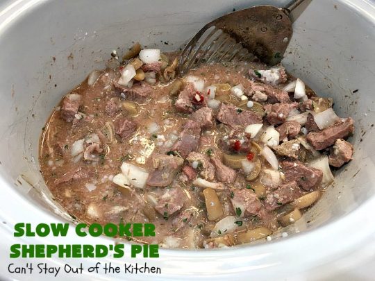 Slow Cooker Shepherd's Pie | Can't Stay Out of the Kitchen | this awesome #ShepherdsPie #recipe will have you licking your chops from the first bite! It's irresistible comfort food & easier to make since it's made in the #SlowCooker. Wonderful for company or family dinners. #beef #cheese #peas #corn #carrots #RedPotatoes #crockpot #SlowCookerShepherdsPie #BestShepherdsPie #FavoriteShepherdsPie