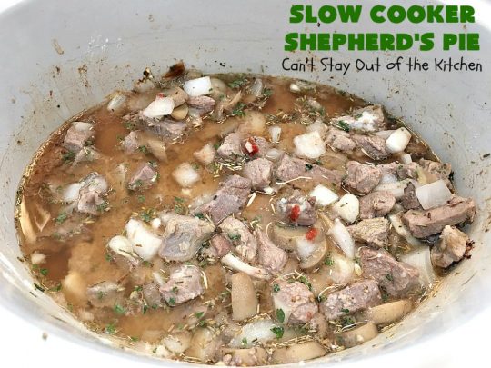 Slow Cooker Shepherd's Pie | Can't Stay Out of the Kitchen | this awesome #ShepherdsPie #recipe will have you licking your chops from the first bite! It's irresistible comfort food & easier to make since it's made in the #SlowCooker. Wonderful for company or family dinners. #beef #cheese #peas #corn #carrots #RedPotatoes #crockpot #SlowCookerShepherdsPie #BestShepherdsPie #FavoriteShepherdsPie