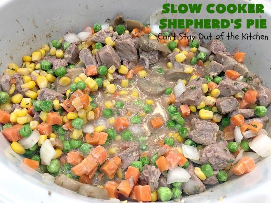 Slow Cooker Shepherd's Pie | Can't Stay Out of the Kitchen | this awesome #ShepherdsPie #recipe will have you licking your chops from the first bite! It's irresistible comfort food & easier to make since it's made in the #SlowCooker. Wonderful for company or family dinners. #beef #cheese #peas #corn #carrots #RedPotatoes #crockpot #SlowCookerShepherdsPie #BestShepherdsPie #FavoriteShepherdsPie