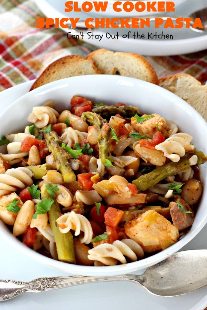 Slow Cooker Spicy Chicken Pasta | Can't Stay Out of the Kitchen | This delicious #chicken & #pasta entree is made in the #SlowCooker so it's quick & easy. It's also #healthy, #lowcalorie & #glutenfree. #crockpot #asparagus #tomatoes #cannellinibeans #mushrooms #HealthyChickenEntree #HealthyPastaEntree 
