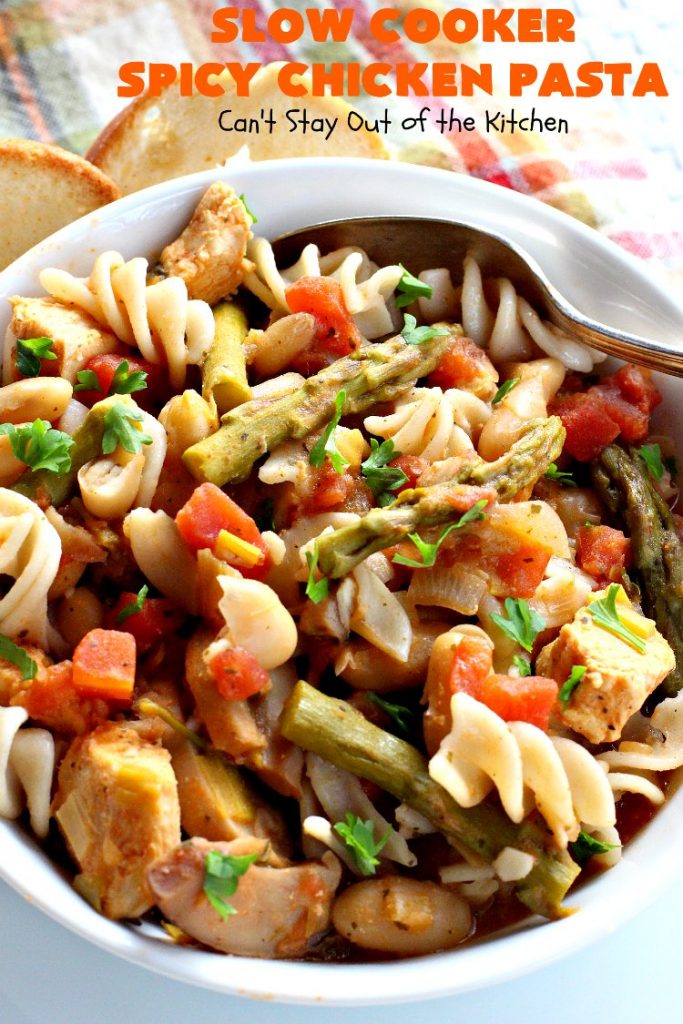 Slow Cooker Spicy Chicken Pasta | Can't Stay Out of the Kitchen | This delicious #chicken & #pasta entree is made in the #SlowCooker so it's quick & easy. It's also #healthy, #lowcalorie & #glutenfree. #crockpot #asparagus #tomatoes #cannellinibeans #mushrooms #HealthyChickenEntree #HealthyPastaEntree 