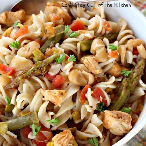 Slow Cooker Spicy Chicken Pasta | Can't Stay Out of the Kitchen | This delicious #chicken & #pasta entree is made in the #SlowCooker so it's quick & easy. It's also #healthy, #lowcalorie & #glutenfree. #crockpot #asparagus #tomatoes #cannellinibeans #mushrooms #HealthyChickenEntree #HealthyPastaEntree