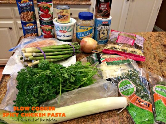 Slow Cooker Spicy Chicken Pasta | Can't Stay Out of the Kitchen | This delicious #chicken & #pasta entree is made in the #SlowCooker so it's quick & easy. It's also #healthy, #lowcalorie & #glutenfree. #crockpot #asparagus #tomatoes #cannellinibeans #mushrooms #HealthyChickenEntree #HealthyPastaEntree 