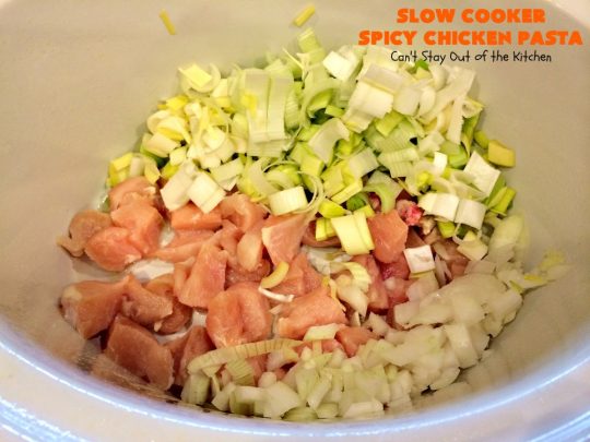 Slow Cooker Spicy Chicken Pasta | Can't Stay Out of the Kitchen | This delicious #chicken & #pasta entree is made in the #SlowCooker so it's quick & easy. It's also #healthy, #lowcalorie & #glutenfree. #crockpot #asparagus #tomatoes #cannellinibeans #mushrooms #HealthyChickenEntree #HealthyPastaEntree 
