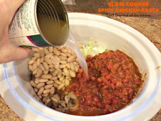 Slow Cooker Spicy Chicken Pasta | Can't Stay Out of the Kitchen | This delicious #chicken & #pasta entree is made in the #SlowCooker so it's quick & easy. It's also #healthy, #lowcalorie & #glutenfree. #crockpot #asparagus #tomatoes #cannellinibeans #mushrooms #HealthyChickenEntree #HealthyPastaEntree 