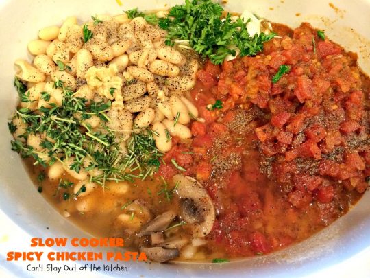 Slow Cooker Spicy Chicken Pasta | Can't Stay Out of the Kitchen | This delicious #chicken & #pasta entree is made in the #SlowCooker so it's quick & easy. It's also #healthy, #lowcalorie & #glutenfree. #crockpot #asparagus #tomatoes #cannellinibeans #mushrooms #HealthyChickenEntree #HealthyPastaEntree 