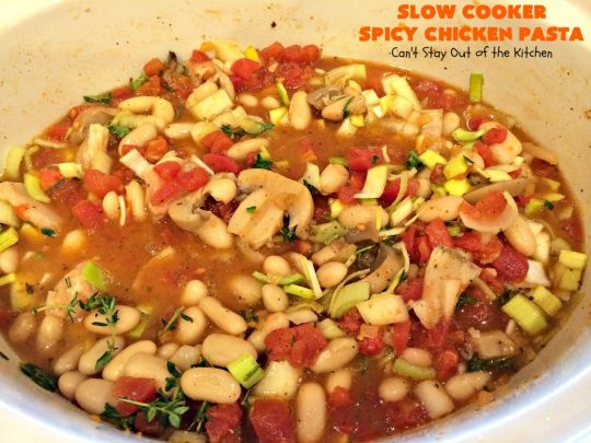 Slow Cooker Spicy Chicken Pasta | Can't Stay Out of the Kitchen | This delicious #chicken & #pasta entree is made in the #SlowCooker so it's quick & easy. It's also #healthy, #lowcalorie & #glutenfree. #crockpot #asparagus #tomatoes #cannellinibeans #mushrooms #HealthyChickenEntree #HealthyPastaEntree 