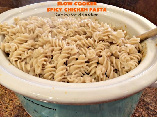 Slow Cooker Spicy Chicken Pasta | Can't Stay Out of the Kitchen | This delicious #chicken & #pasta entree is made in the #SlowCooker so it's quick & easy. It's also #healthy, #lowcalorie & #glutenfree. #crockpot #asparagus #tomatoes #cannellinibeans #mushrooms #HealthyChickenEntree #HealthyPastaEntree 