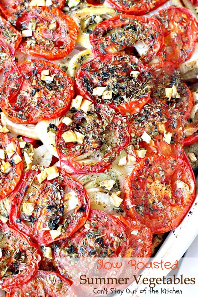 Slow Roasted Summer Vegetables | Can't Stay Out of the Kitchen | you've never had #veggies that taste as wonderful as the way these do. Slow roasting and assorted herbs make these garden vegetables incredibly tasty. #vegan #glutenfree #eggplant #tomatoes #zucchini