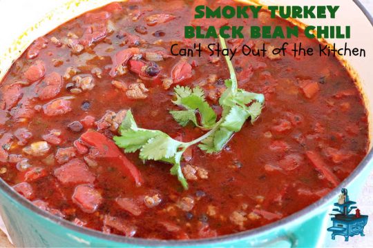 Smoky Turkey Black Bean Chili | Can't Stay Out of the Kitchen | this fantastic #chili #recipe includes #BlackBeans, #FireRoastedTomatoes, #bacon, #turkey, #cilantro #jalapeno & #ChipotlePeppers & wonderful seasonings that provide mouthwatering flavor. You can make this mild or spicy hot--whatever you desire. Great for #tailgating parties & potlucks. #BlackBeanChili #TurkeyChili #SmokyTurkeyBlackBeanChili #Fritos #CheddarCheese #ChiliWithBacon