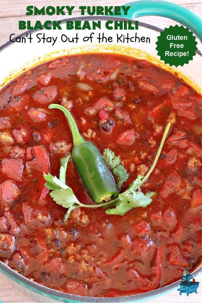 Smoky Turkey Black Bean Chili | Can't Stay Out of the Kitchen | this fantastic #chili #recipe includes #BlackBeans, #FireRoastedTomatoes, #bacon, #turkey, #cilantro #jalapeno & #ChipotlePeppers & wonderful seasonings that provide mouthwatering flavor. You can make this mild or spicy hot--whatever you desire. Great for #tailgating parties & potlucks. #BlackBeanChili #TurkeyChili #SmokyTurkeyBlackBeanChili #Fritos #CheddarCheese #ChiliWithBacon