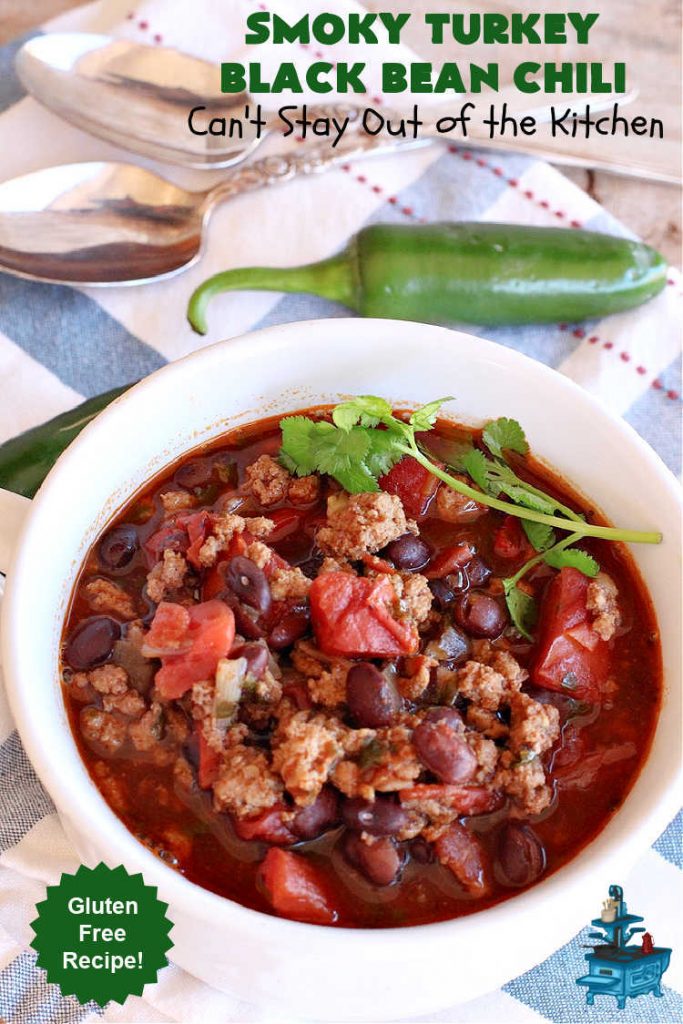 Smoky Turkey Black Bean Chili | Can't Stay Out of the Kitchen | this fantastic #chili #recipe includes #BlackBeans, #FireRoastedTomatoes, #bacon, #turkey, #cilantro #jalapeno & #ChipotlePeppers & wonderful seasonings that provide mouthwatering flavor. You can make this mild or spicy hot--whatever you desire. Great for #tailgating parties & potlucks. #BlackBeanChili #TurkeyChili #SmokyTurkeyBlackBeanChili #Fritos #CheddarCheese #ChiliWithBacon
