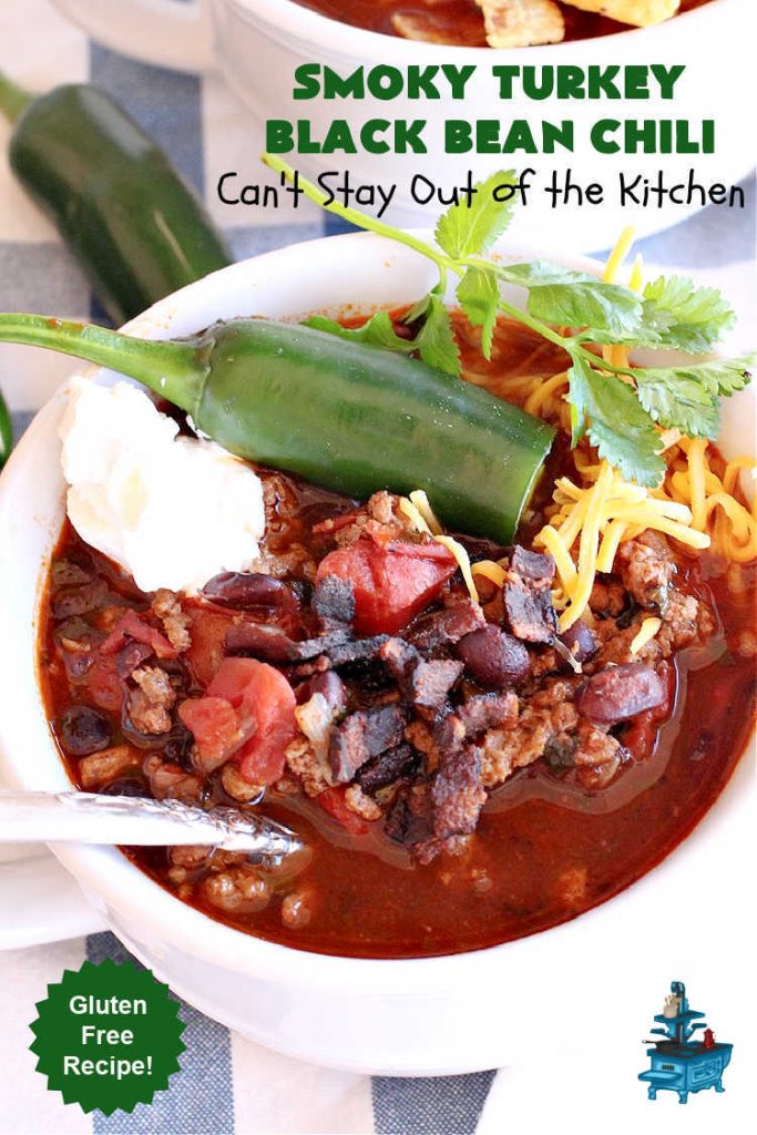 Smoky Turkey Black Bean Chili | Can't Stay Out of the Kitchen | this fantastic #chili #recipe includes #BlackBeans, #FireRoastedTomatoes, #bacon, #turkey, #cilantro #jalapeno & #ChipotlePeppers & wonderful seasonings that provide mouthwatering flavor. You can make this mild or spicy hot--whatever you desire. Great for #tailgating parties & potlucks. #BlackBeanChili #TurkeyChili #SmokyTurkeyBlackBeanChili #Fritos #CheddarCheese #ChiliWithBacon
