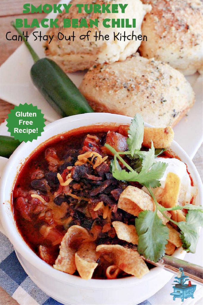 Smoky Turkey Black Bean Chili | Can't Stay Out of the Kitchen | this fantastic #chili #recipe includes #BlackBeans, #FireRoastedTomatoes, #bacon, #turkey, #cilantro #jalapeno & #ChipotlePeppers & wonderful seasonings that provide mouthwatering flavor. You can make this mild or spicy hot--whatever you desire. Great for #tailgating parties & potlucks. #BlackBeanChili #TurkeyChili #SmokyTurkeyBlackBeanChili #Fritos #CheddarCheese #ChiliWithBacon