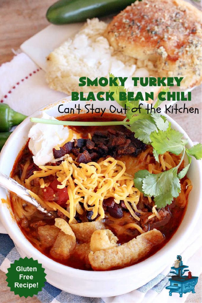 Smoky Turkey Black Bean Chili | Can't Stay Out of the Kitchen | this fantastic #chili #recipe includes #BlackBeans, #FireRoastedTomatoes, #bacon, #turkey, #cilantro #jalapeno & #ChipotlePeppers & wonderful seasonings that provide mouthwatering flavor. You can make this mild or spicy hot--whatever you desire. Great for #tailgating parties & potlucks. #BlackBeanChili #TurkeyChili #SmokyTurkeyBlackBeanChili #Fritos #CheddarCheese #ChiliWithBacon