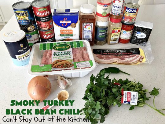 Smoky Turkey Black Bean Chili | Can't Stay Out of the Kitchen | this fantastic #chili #recipe includes #BlackBeans, #FireRoastedTomatoes, #bacon, #turkey, #cilantro #jalapeno & #ChipotlePeppers & wonderful seasonings that provide mouthwatering flavor. You can make this mild or spicy hot--whatever you desire. Great for #tailgating parties & potlucks. #BlackBeanChili #TurkeyChili #SmokyTurkeyBlackBeanChili #Fritos #CheddarCheese #ChiliWithBacon