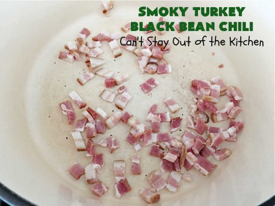 Smoky Turkey Black Bean Chili | Can't Stay Out of the Kitchen | this fantastic #chili #recipe includes #BlackBeans, #FireRoastedTomatoes, #bacon, #turkey, #cilantro #jalapeno & #ChipotlePeppers & wonderful seasonings that provide mouthwatering flavor. You can make this mild or spicy hot--whatever you desire. Great for #tailgating parties & potlucks. #BlackBeanChili #TurkeyChili #SmokyTurkeyBlackBeanChili #Fritos #CheddarCheese #ChiliWithBacon