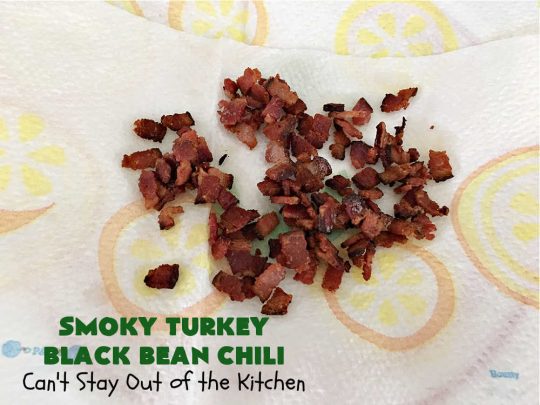 Smoky Turkey Black Bean Chili | Can't Stay Out of the Kitchen | this fantastic #chili #recipe includes #BlackBeans, #FireRoastedTomatoes, #bacon, #turkey, #cilantro #jalapeno & #ChipotlePeppers & wonderful seasonings that provide mouthwatering flavor. You can make this mild or spicy hot--whatever you desire. Great for #tailgating parties & potlucks. #BlackBeanChili #TurkeyChili #SmokyTurkeyBlackBeanChili #Fritos #CheddarCheese #ChiliWithBacon