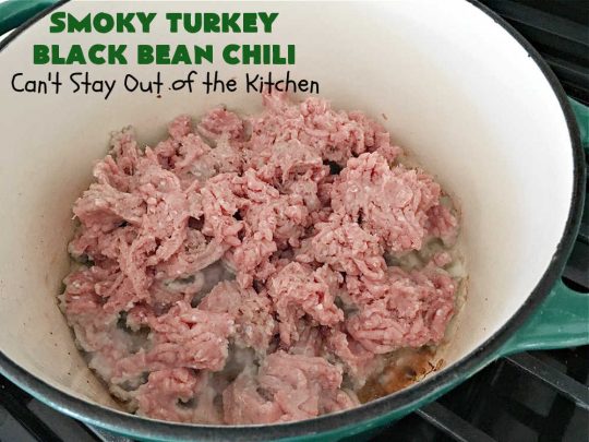 Smoky Turkey Black Bean Chili | Can't Stay Out of the Kitchen | this fantastic #chili #recipe includes #BlackBeans, #FireRoastedTomatoes, #bacon, #turkey, #cilantro #jalapeno & #ChipotlePeppers & wonderful seasonings that provide mouthwatering flavor. You can make this mild or spicy hot--whatever you desire. Great for #tailgating parties & potlucks. #BlackBeanChili #TurkeyChili #SmokyTurkeyBlackBeanChili #Fritos #CheddarCheese #ChiliWithBacon