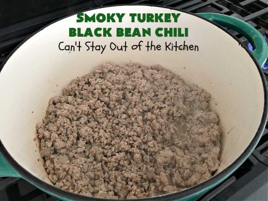 Smoky Turkey Black Bean Chili | Can't Stay Out of the Kitchen | this fantastic #chili #recipe includes #BlackBeans, #FireRoastedTomatoes, #bacon, #turkey, #cilantro #jalapeno & #ChipotlePeppers & wonderful seasonings that provide mouthwatering flavor. You can make this mild or spicy hot--whatever you desire. Great for #tailgating parties & potlucks. #BlackBeanChili #TurkeyChili #SmokyTurkeyBlackBeanChili #Fritos #CheddarCheese #ChiliWithBacon