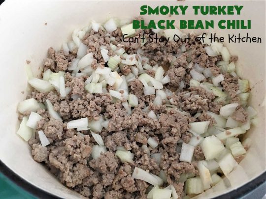 Smoky Turkey Black Bean Chili | Can't Stay Out of the Kitchen | this fantastic #chili #recipe includes #BlackBeans, #FireRoastedTomatoes, #bacon, #turkey, #cilantro #jalapeno & #ChipotlePeppers & wonderful seasonings that provide mouthwatering flavor. You can make this mild or spicy hot--whatever you desire. Great for #tailgating parties & potlucks. #BlackBeanChili #TurkeyChili #SmokyTurkeyBlackBeanChili #Fritos #CheddarCheese #ChiliWithBacon