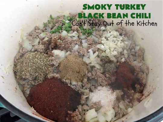Smoky Turkey Black Bean Chili | Can't Stay Out of the Kitchen | this fantastic #chili #recipe includes #BlackBeans, #FireRoastedTomatoes, #bacon, #turkey, #cilantro #jalapeno & #ChipotlePeppers & wonderful seasonings that provide mouthwatering flavor. You can make this mild or spicy hot--whatever you desire. Great for #tailgating parties & potlucks. #BlackBeanChili #TurkeyChili #SmokyTurkeyBlackBeanChili #Fritos #CheddarCheese #ChiliWithBacon