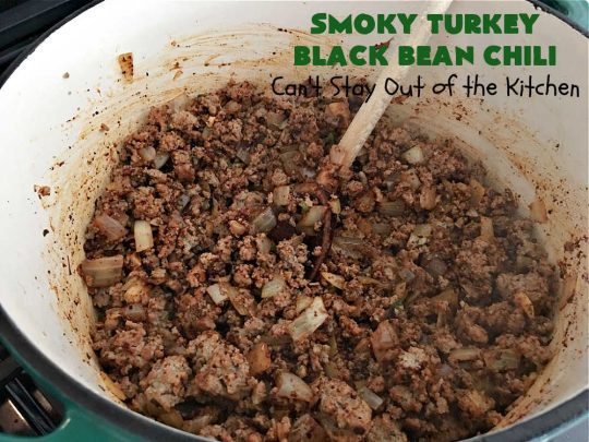 Smoky Turkey Black Bean Chili | Can't Stay Out of the Kitchen | this fantastic #chili #recipe includes #BlackBeans, #FireRoastedTomatoes, #bacon, #turkey, #cilantro #jalapeno & #ChipotlePeppers & wonderful seasonings that provide mouthwatering flavor. You can make this mild or spicy hot--whatever you desire. Great for #tailgating parties & potlucks. #BlackBeanChili #TurkeyChili #SmokyTurkeyBlackBeanChili #Fritos #CheddarCheese #ChiliWithBacon