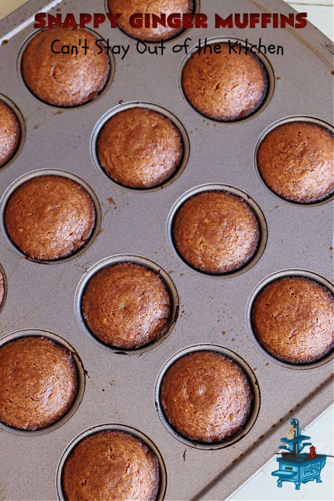 Snappy Ginger Muffins | Can't Stay Out of the Kitchen | #Molasses, #cinnamon & #ginger give these #muffins their fantastic #Gingerbread taste. Every bite will have you dreaming of another! Great for weekend, company or a #holiday #breakfast or #brunch. #HolidayBreakfast #GingerMuffins #SnappyGingerMuffins #GingerbreadMuffins